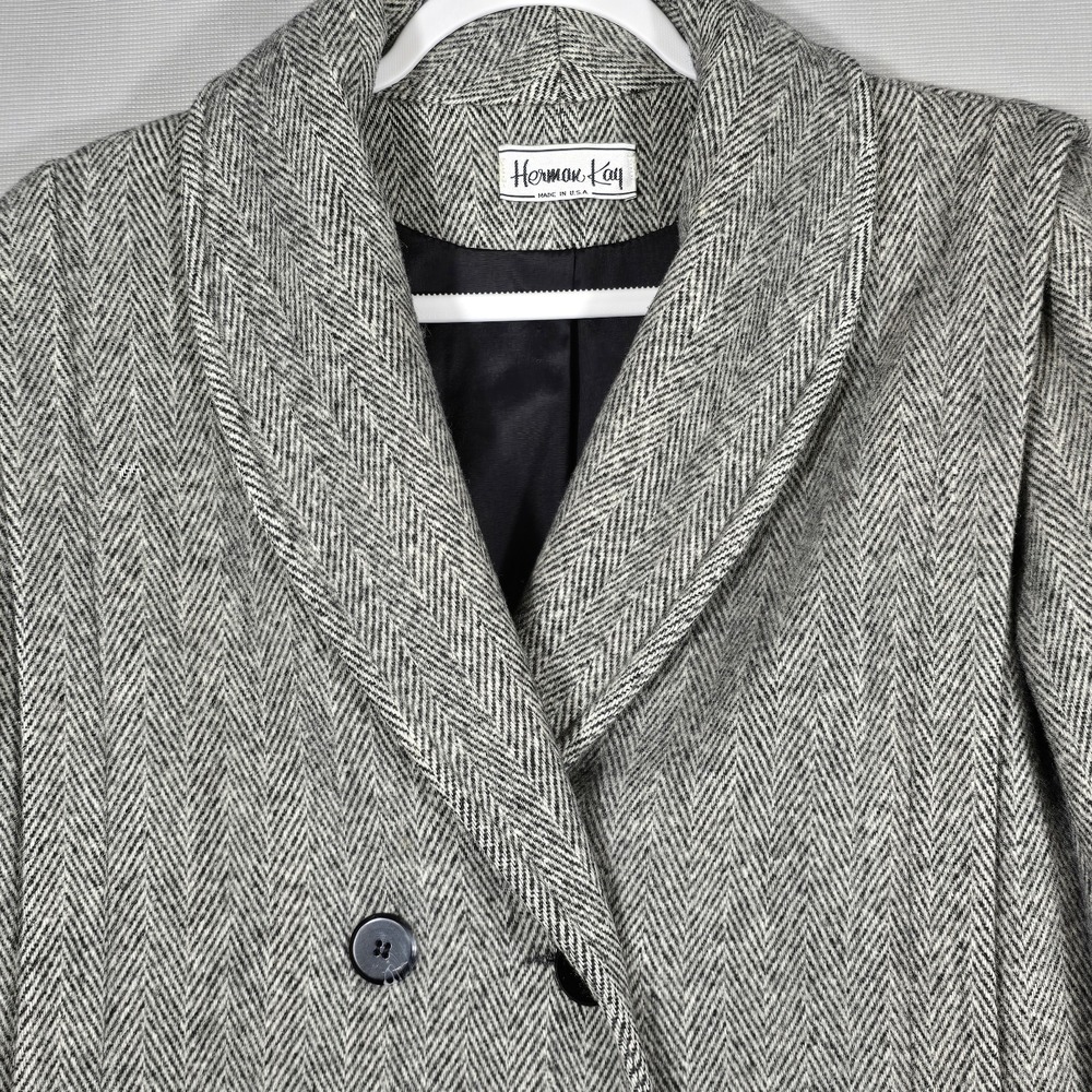 Vintage Herman‎ Kay Women's Wool Coat L Gray Herringbone Double USA Shawl Collar